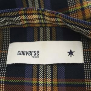 CONVERSE トウキョウ TOKYO バンドカラーチェックシャツワンピース ロング 長袖 バックプリーツ ウール混 紺 ネイビー マルチカラー
