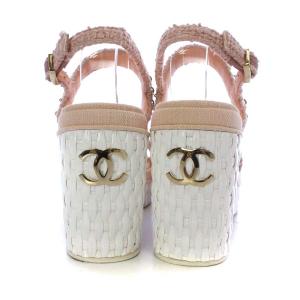 CHANEL サンダル ウエッジソール ココマーク ツイード チェーンストラップ 36.5C 23.5cm ピンク