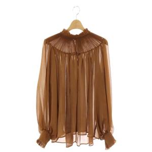 DAY Trish スタンドカラーシフォンブラウス 長袖 ボリュームスリーブ シアー 0 茶 ブラウン