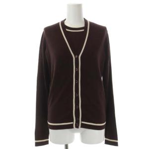 ウールラインデザインアンサンブルニット カーディガン Vネック 長袖 カットソー ノースリーブ S ダークブラウン アイボリー