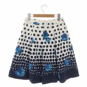 M'S GRACY ドット 花柄 スカート ひざ丈 フレア ギャザー 38 紺 白 水色