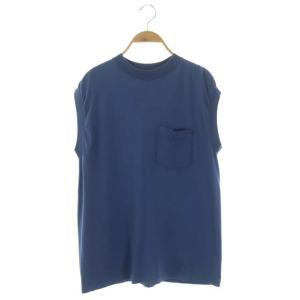 ポケット付きカットソー ノースリーブ クルーネック プルオーバー 青 ブルー