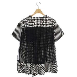 sacai バックプリーツチェックブラウス 切替 半袖 1 白 黒 青