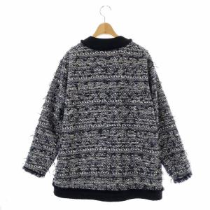 Drawer ファンシーツイードジャケット ノーカラー 総裏地 スナップボタン 36 ブラック ネイビー ホワイト