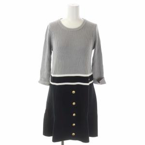 リブニット 切替 七分袖 ワンピース ミニ 38 グレー 黒 ブラック
