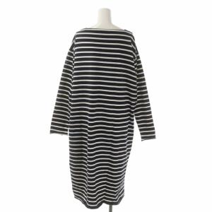 AMERICANA BEAUTY&YOUTH コットンボートネックワンピース 長袖 ミモレ丈 ロング ボーダー 紺 白 ネイビー ホワイト