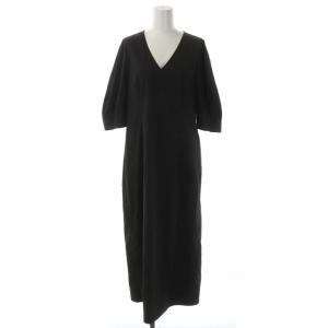 22SS パフスリーブ Vネック ワンピース 七分袖 ロング タイト 38 黒 ブラック