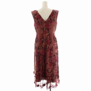 GRACE CONTINENTAL 刺繍モチーフワンピース ロング ノースリーブ チュール パール ビジュー 総柄 36 ブラウンピンク マルチカラー