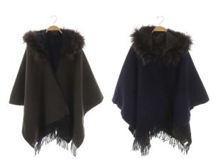 リバーシブルストール ポンチョ ラクーンファー付き ウール フード F ダークブラウン 紺 ネイビー