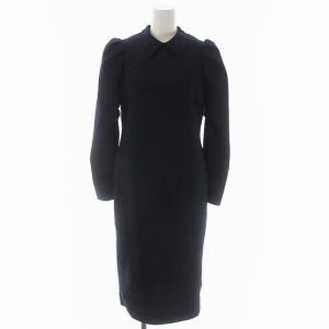 22SS 襟付きポンチコクーンワンピース ミモレ丈 ロング 長袖 36 濃紺 ネイビー