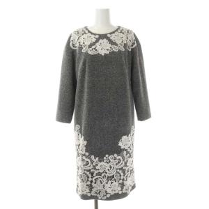 GRACE CONTINENTAL レースパッチワンピース ニット ロング 七分袖 38 グレー オフホワイト