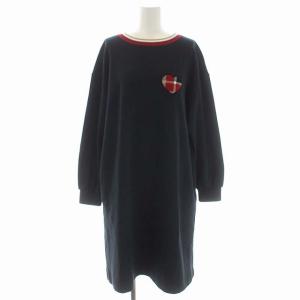 ハートエンブロイダリージャージーワンピース スウェット 膝丈 長袖 ハートワッペン 38 黒 ブラック マルチカラー