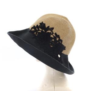 Athena New York ラフィアハット 帽子 麦わら帽子 ツートーン フラワー刺繍 茶 ブラウン 黒 ブラック