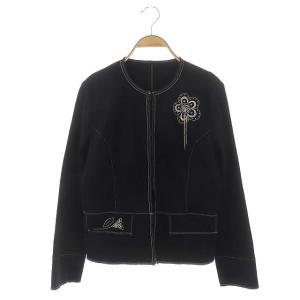 ビジュー ノーカラージャケット デニム ステッチ 刺繍 カットオフ 11 黒 ブラック