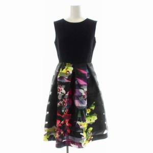 ボーダージャガードフラワーワンピース 膝丈 ノースリーブ 切替 34 ブラック マルチカラー