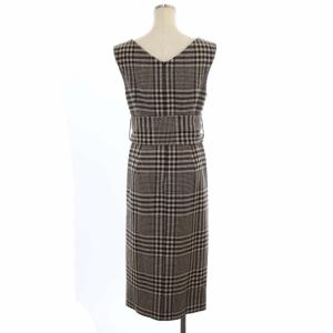 Diagram GRACE CONTINENTAL チェックベルトジャンスカ ノースリーブ Vネック ロング ウール 36 ブラウンベージュ 黒 ブラック