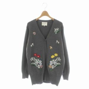 21AW 花柄刺繍 ビジュー ニット カーディガン 長袖 Vネック スナップボタン F グレー マルチカラー
