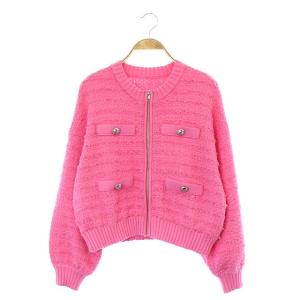 23SS ツイードニット ジャケット ブルゾン ジップアップ ノーカラー 36 ピンク
