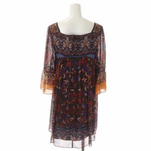 GRACE CONTINENTAL 総柄ワンピース シルク 八分袖 フレアスリーブ ひざ丈 36 黒 マルチカラー