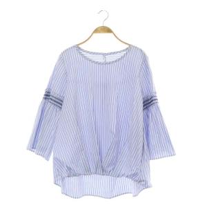 ブラウス ラウンドネック 長袖 ストライプ ギャザー サイズ13+ ライトブルー 紺 白