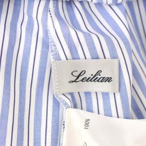 Leilian ブラウス ラウンドネック 長袖 ストライプ ギャザー サイズ13+ ライトブルー 紺 白