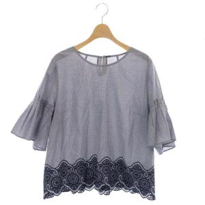 ブラウス 七分袖 チェック 刺繍 フリル 13+ 紺 ネイビー