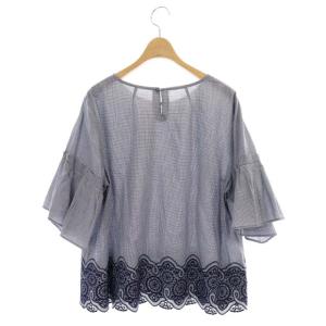 Leilian ブラウス 七分袖 チェック 刺繍 フリル 13+ 紺 ネイビー