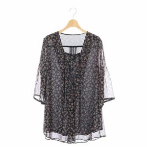 ブラウス スクエアネック 八分袖 七分袖 シアー 花柄 13+ 黒 ブラック マルチカラー