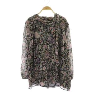 ブラウス プルオーバー 長袖 花柄 ボウタイ シルク 13+ 黒 マルチカラー ブラック