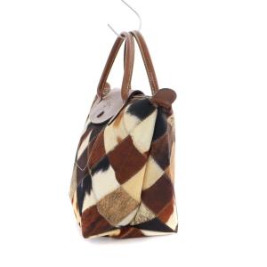 Longchamp ハラコ風パッチワーク柄トートバッグ ハンドバッグ ナイロン 茶 ブラウン