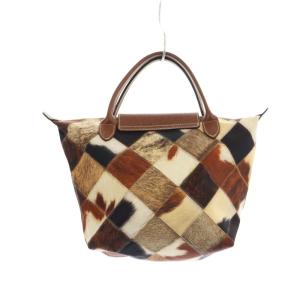 Longchamp ハラコ風パッチワーク柄トートバッグ ハンドバッグ ナイロン 茶 ブラウン