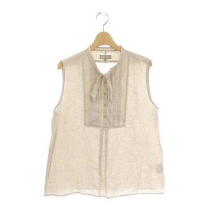 リネン ボウタイ ノースリーブ ブラウス スタンドカラー タック プルオーバー 2 ベージュ