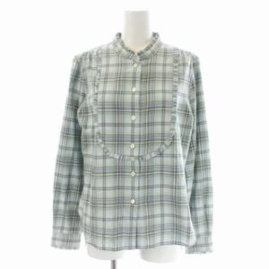 チェックブラウス シャツ フリル 長袖 前開き コットン 2 ミントブルー マルチカラー