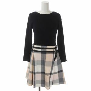 リブニット チェック 切替 ワンピース 長袖 ミニ 38 黒 ピンク ブラック