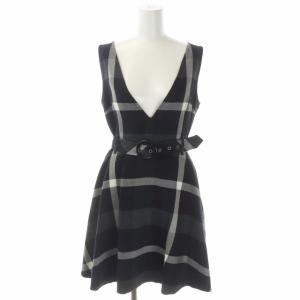 ノースリーブワンピース ミニ チェック ベルト付 38 黒 紺 ブラック ネイビー