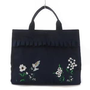 オリジナル刺繍トートバッグM フリル 花柄 小鳥 ネイビー 21L002