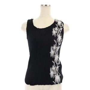 カットソー ノースリーブ プリーツ加工 刺繍 黒 ブラック 白 ホワイト