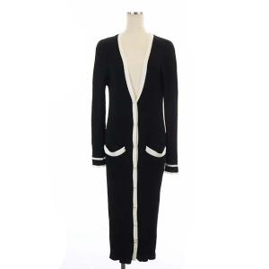 22SS バイカラーリブロングカーディガン ニット 長袖 Vネック パールボタン 36 黒 ブラック 白 ホワイト