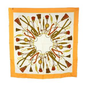 CELINE Chain Tassel Printed Scarf スカーフ シルク 絹 オレンジ 白 ホワイト OH