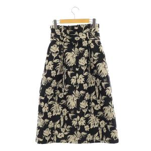 LANVIN en Bleu フラワージャガードスカート 台形スカート ロング ベルト付き 38 ベージュ 黒 ブラック