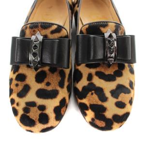 Christian Louboutin レオパード リボン スリッポン ハラコ 34.5 21.5cm 茶色 ブラウン 黒 ブラック