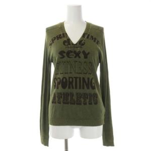 ロゴ Vネック リブニット カットソー セーター 長袖 S カーキ ダークブラウン