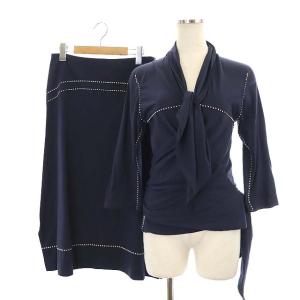 セットアップ 上下 コットンラップデザイントップス カットソー 八分袖 Aラインスカート ミモレ丈 ロング 2 紺 ネイビー