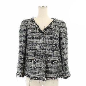 CHANEL フェザートリムツイードジャケット スカート セットアップ ノーカラー 七分袖  36 ブラック