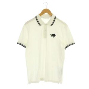 2014 刺繍ポロシャツ 半袖 ライン 鹿の子 M 白 黒 ホワイト ブラック