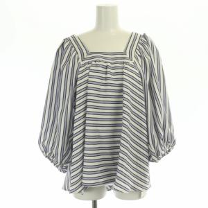 23SS リネンタッチストライプトップ トップス ブラウス 七分袖 36 ラベンダー 白 黒