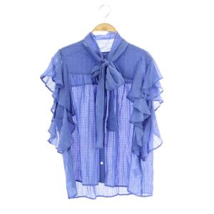 22SS チェックシアーフリルトップ ブラウス ノースリーブ 38 青 ブルー