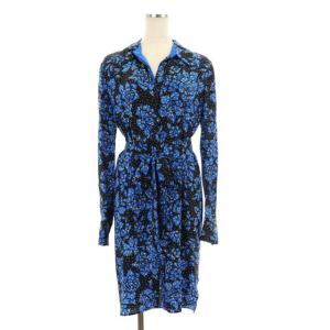 シャツワンピース ひざ丈 スキッパー 長袖 花柄 ドット シルク 4 青 黒 ブルー ブラック
