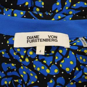 DIANE von FURSTENBERG シャツワンピース ひざ丈 スキッパー 長袖 花柄 ドット シルク 4 青 黒 ブルー ブラック