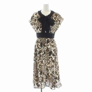 ボウタイシアーワンピース フレンチスリーブ ロング 総柄 2 アイボリー 茶色 黒